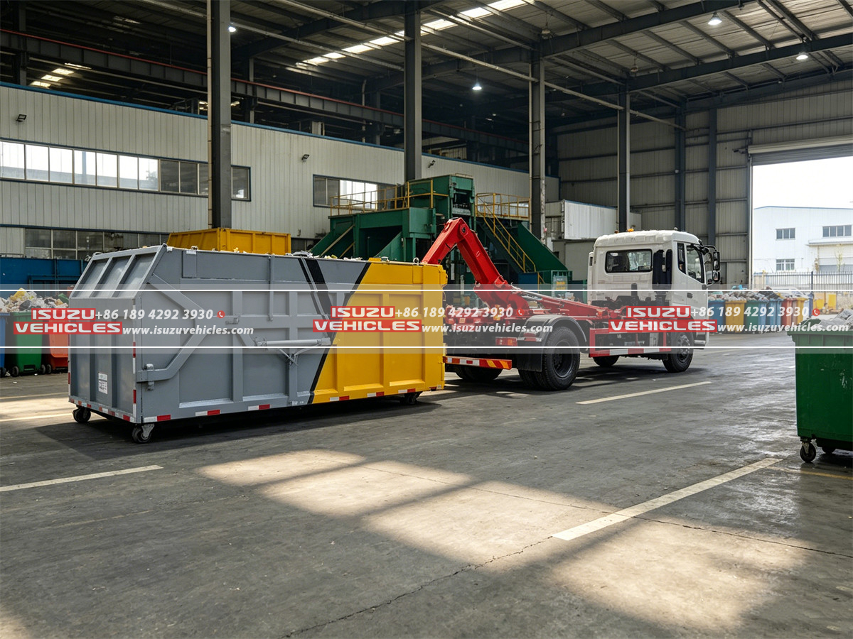 ISUZU 8 Ton Hook Loader Garbage Truck working ISUZU 8 Ton Hook Loader Garbage Truck working